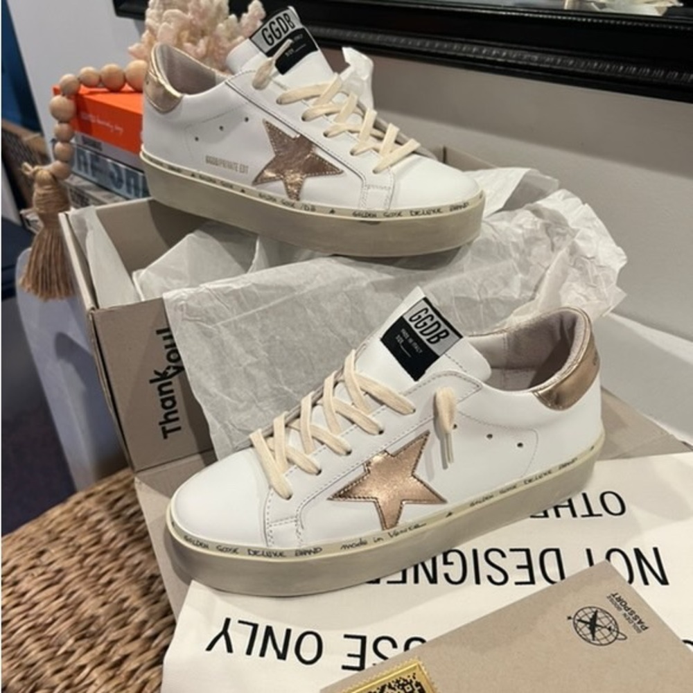 Golden Goose White and Rose Gold Sneakers